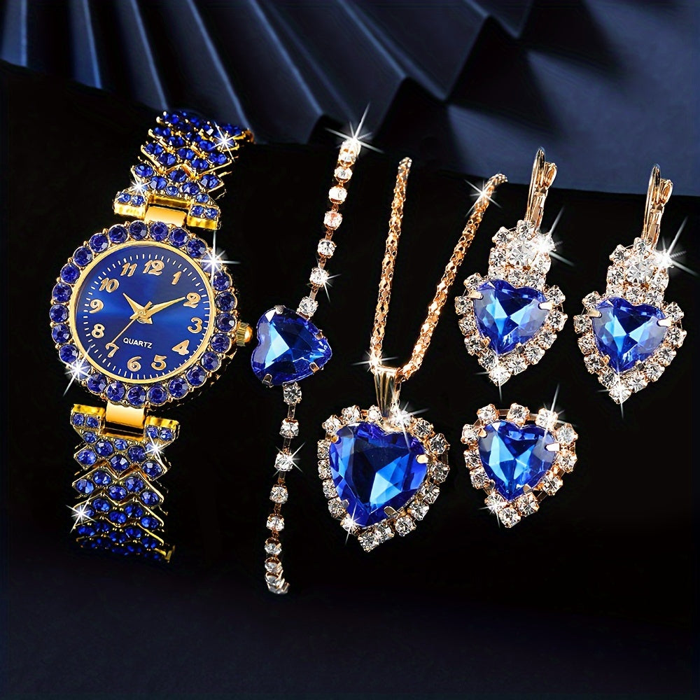 6-Piece Women’s Quartz Watch & Heart-Shaped Jewelry Set – Alloy Timepieces