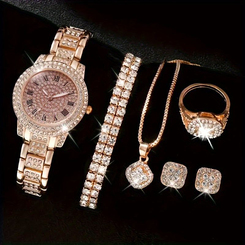 6-Piece Women’s Luxury Rhinestone Quartz Watch Set – Stylish Analog Jewelry