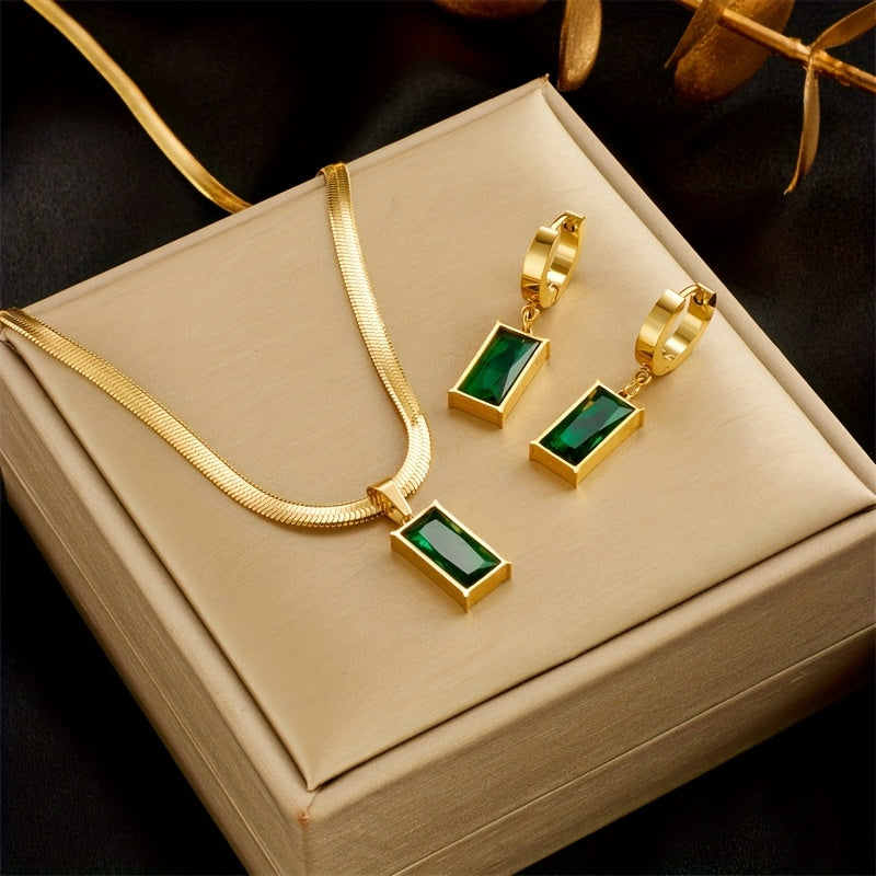 Green Synthetic Zirconia Necklace & Earring Set – Stainless Steel Jewelry for Women