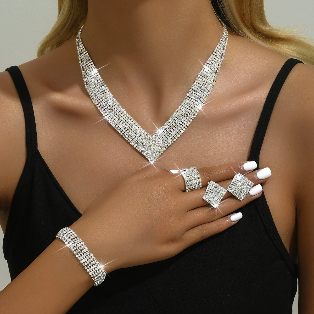5pcs Women’s Silver-Plated Jewelry Set – Earrings, Necklace, Bracelet & Ring