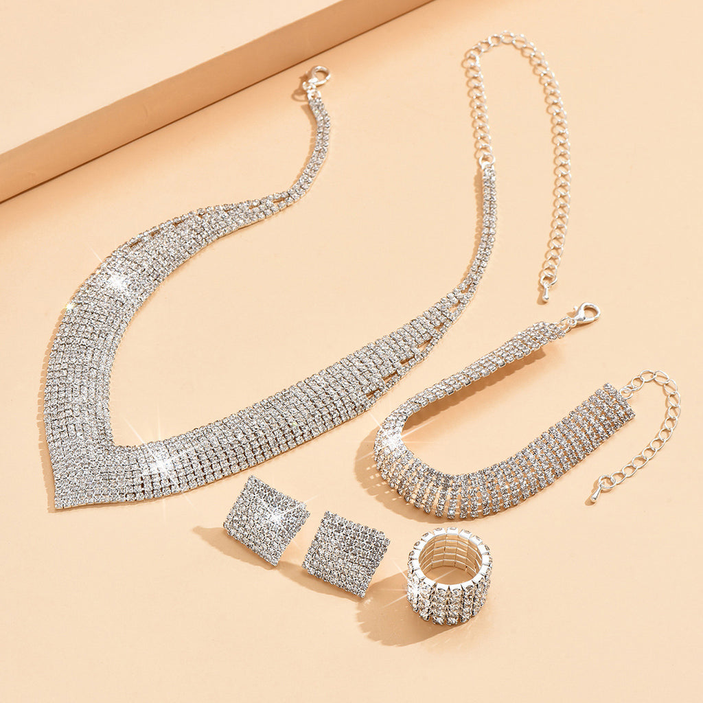 5pcs Women’s Silver-Plated Jewelry Set – Earrings, Necklace, Bracelet & Ring