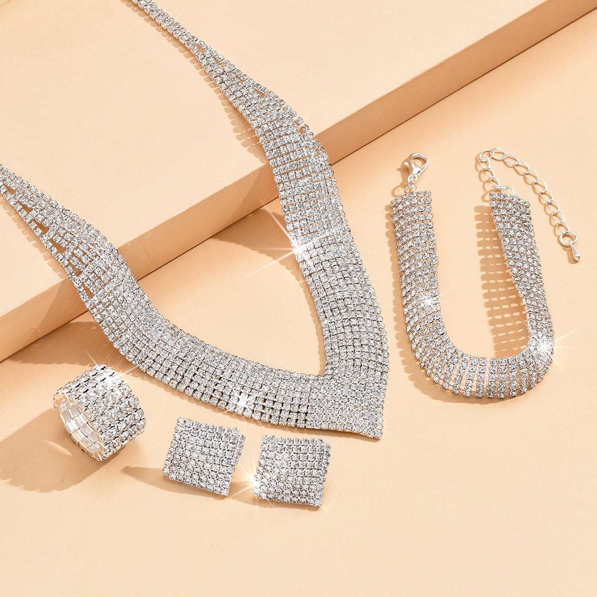 5pcs Women’s Silver-Plated Jewelry Set – Earrings, Necklace, Bracelet & Ring