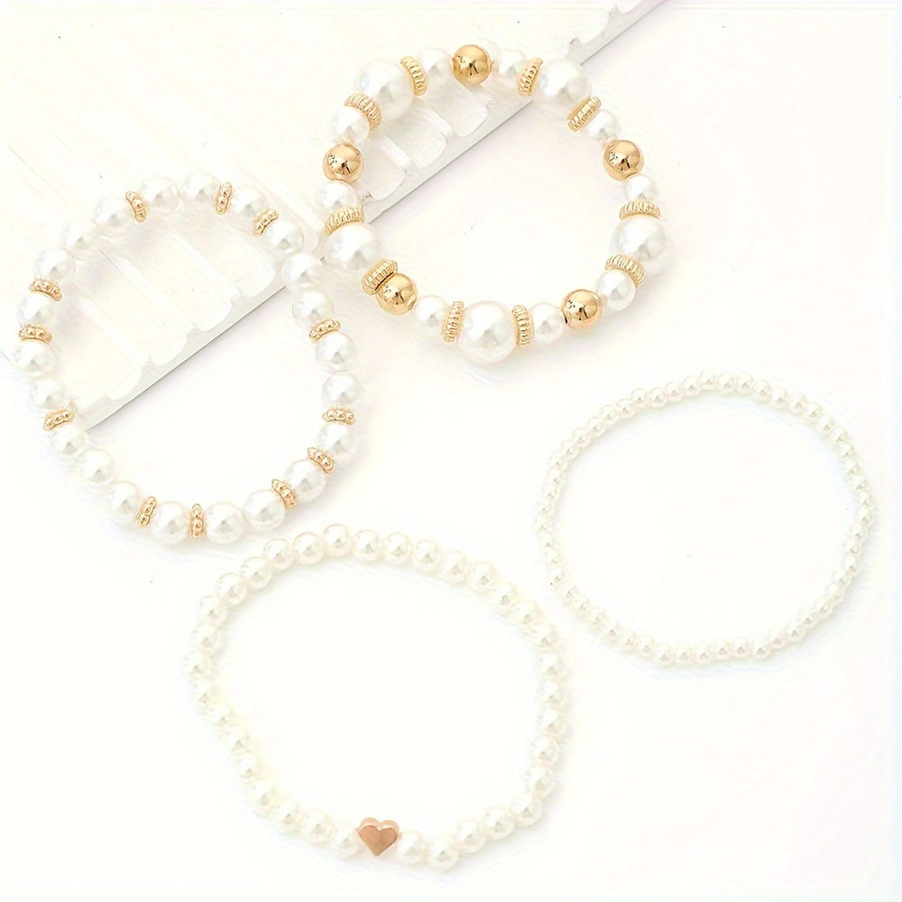 Elegant 4-Piece Faux Pearl Bracelet Set – Handmade Beaded Jewelry