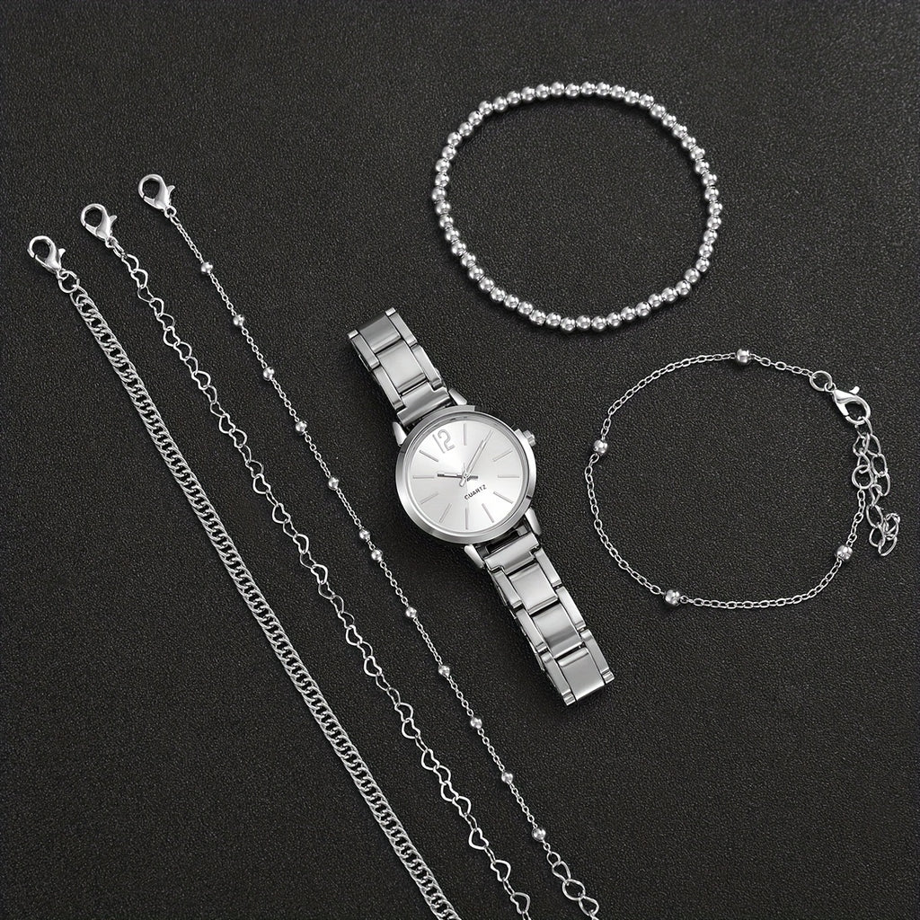5pcs Women’s Stainless Steel Silver Quartz Watch & Beads Bracelet Set