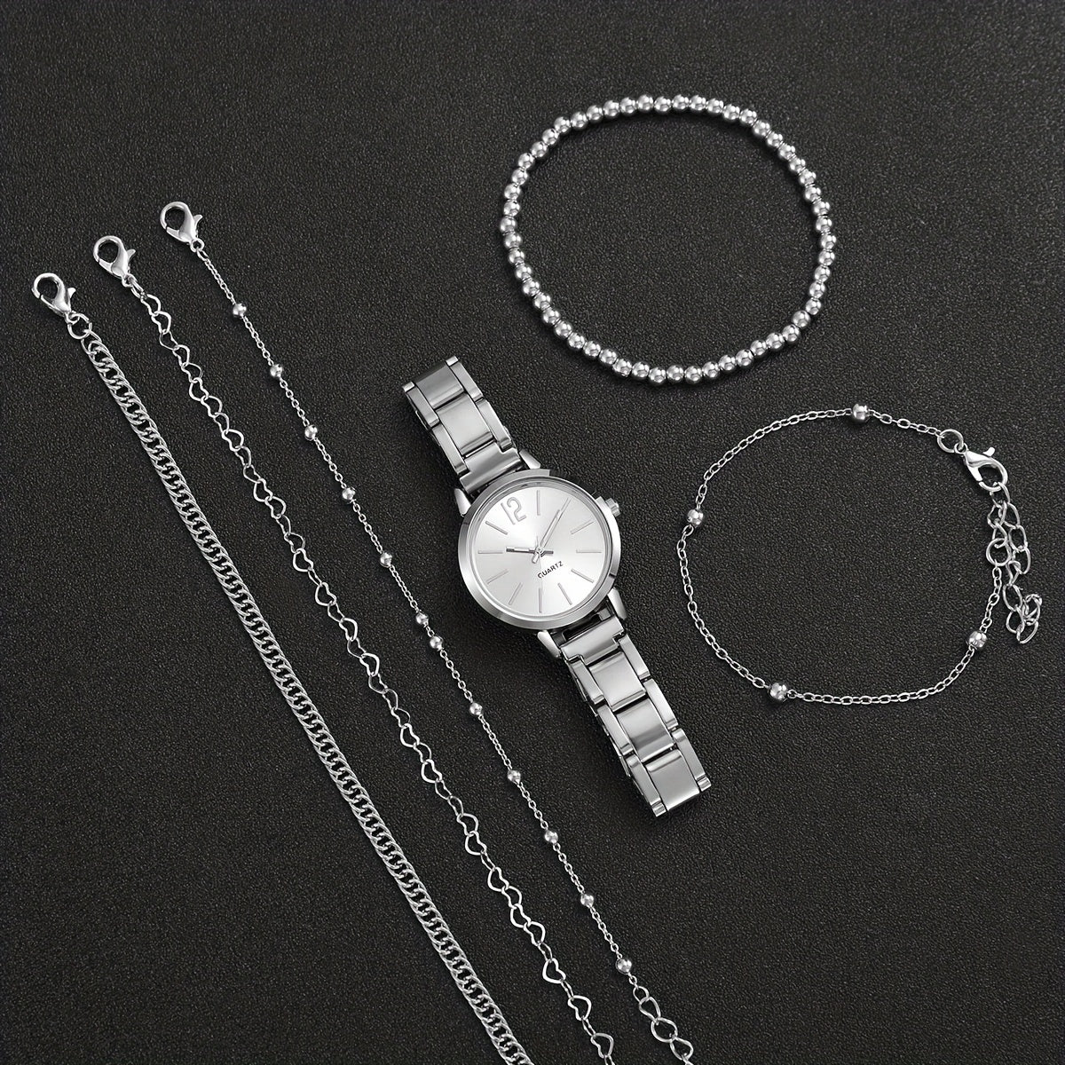 5pcs Women’s Stainless Steel Silver Quartz Watch & Beads Bracelet Set