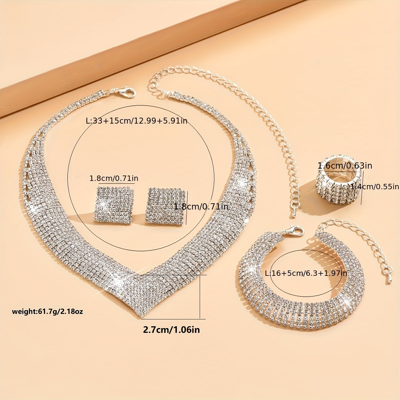 5pcs Women’s Silver-Plated Jewelry Set – Earrings, Necklace, Bracelet & Ring