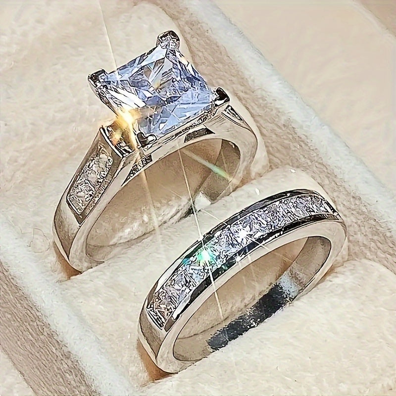 2PCS Couple Jewelry Set – Shiny Square Cubic Zirconia Wedding Rings