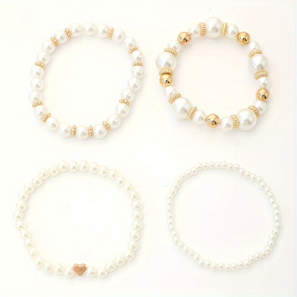 Elegant 4-Piece Faux Pearl Bracelet Set – Handmade Beaded Jewelry