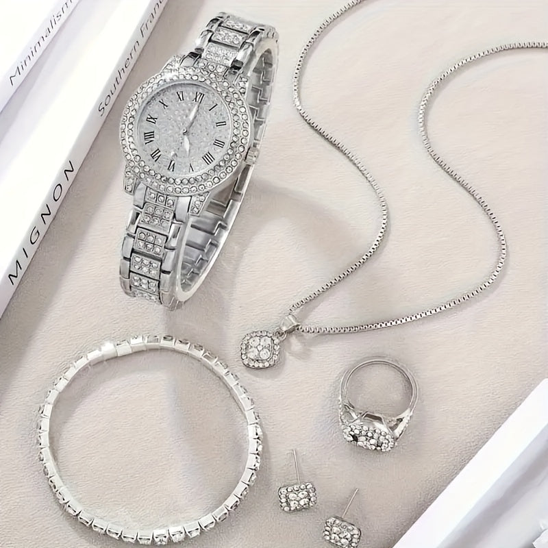 6-Piece Women’s Luxury Rhinestone Quartz Watch Set – Stylish Analog Jewelry