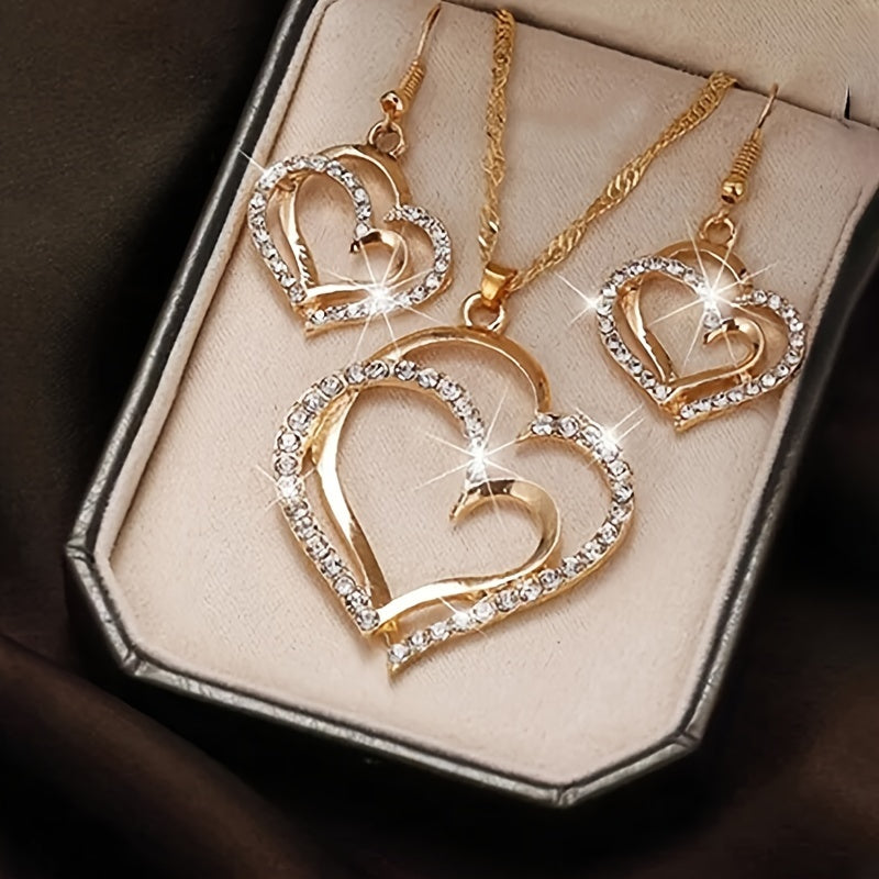1 Pair Earrings & Necklace Set – French Romantic Heart Jewelry, Silver or Gold