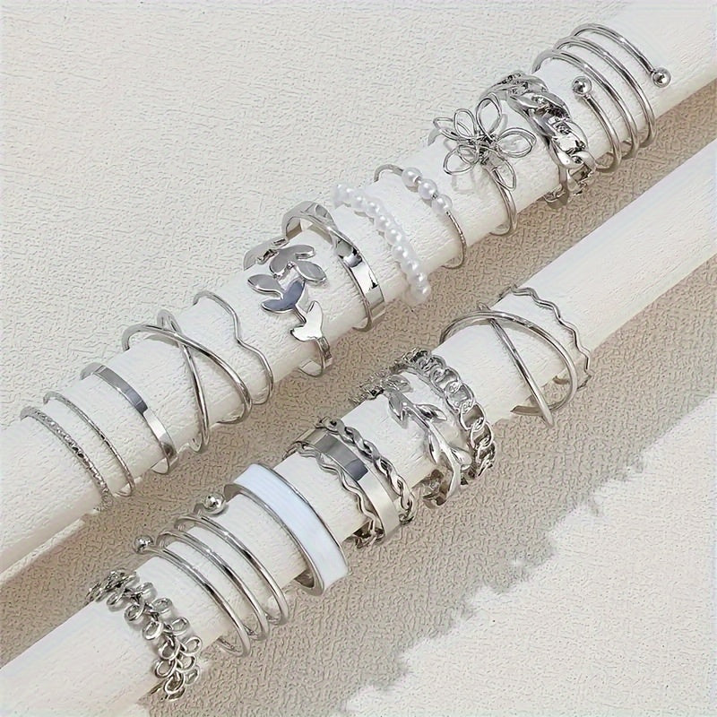22-Piece Women’s Stacking Rings Set – Elegant Leaf & Flower Design, Gold & Silver