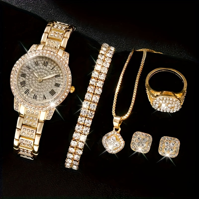 6-Piece Women’s Luxury Rhinestone Quartz Watch Set – Stylish Analog Jewelry