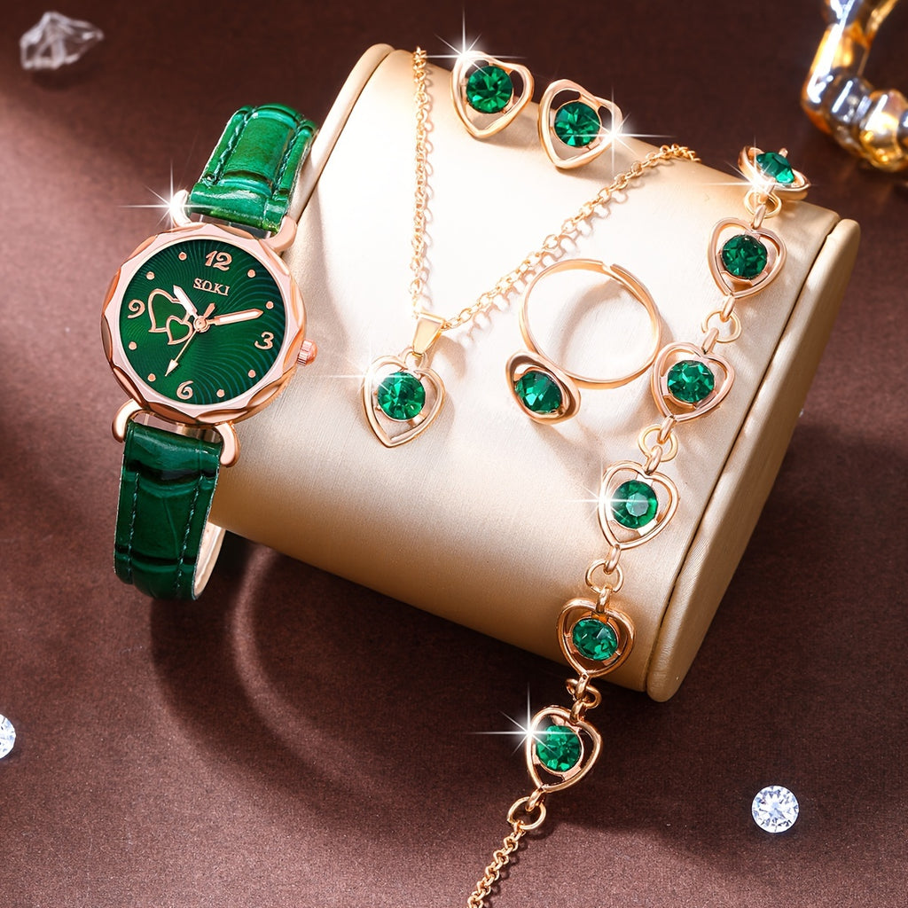 6-Piece Women’s Quartz Watch & Heart Jewelry Set – Fashionable Gift Set