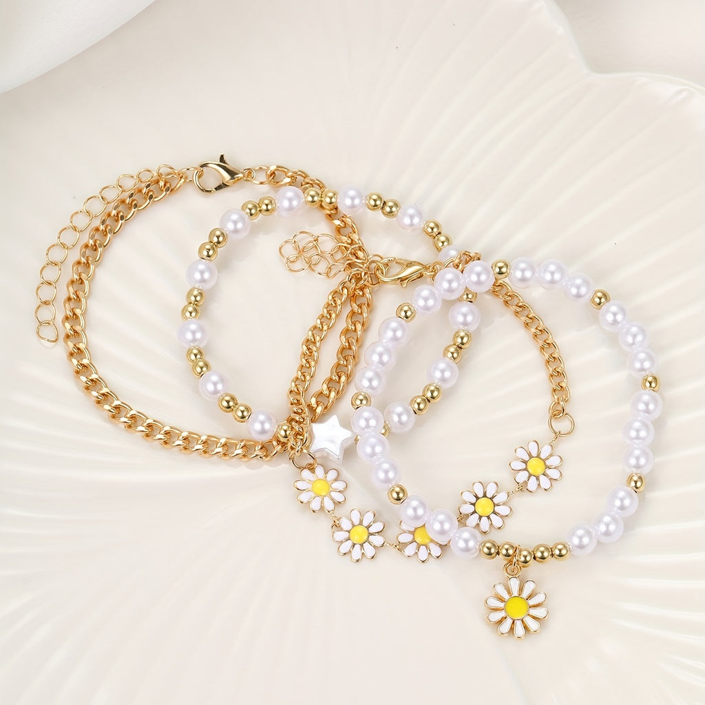 4PCS Daisy Flower & Pearl Bracelet Set – Delicate Hand Jewelry for Women