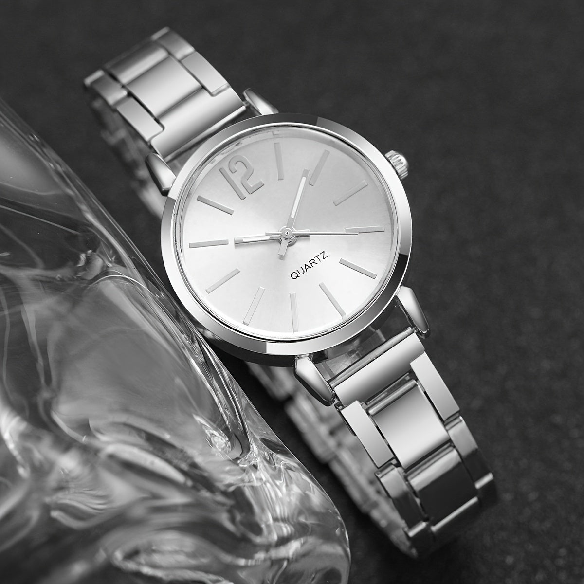5pcs Women’s Stainless Steel Silver Quartz Watch & Beads Bracelet Set