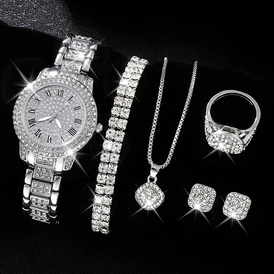 Ladies’ Quartz Watch & 6-Piece Jewelry Set – Elegant Timepiece & Accessories