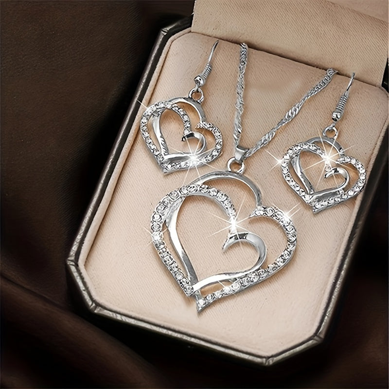 1 Pair Earrings & Necklace Set – French Romantic Heart Jewelry, Silver or Gold