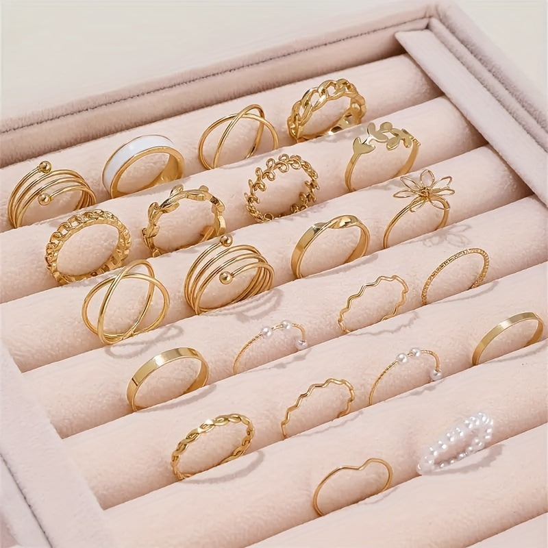 22-Piece Women’s Stacking Rings Set – Elegant Leaf & Flower Design, Gold & Silver