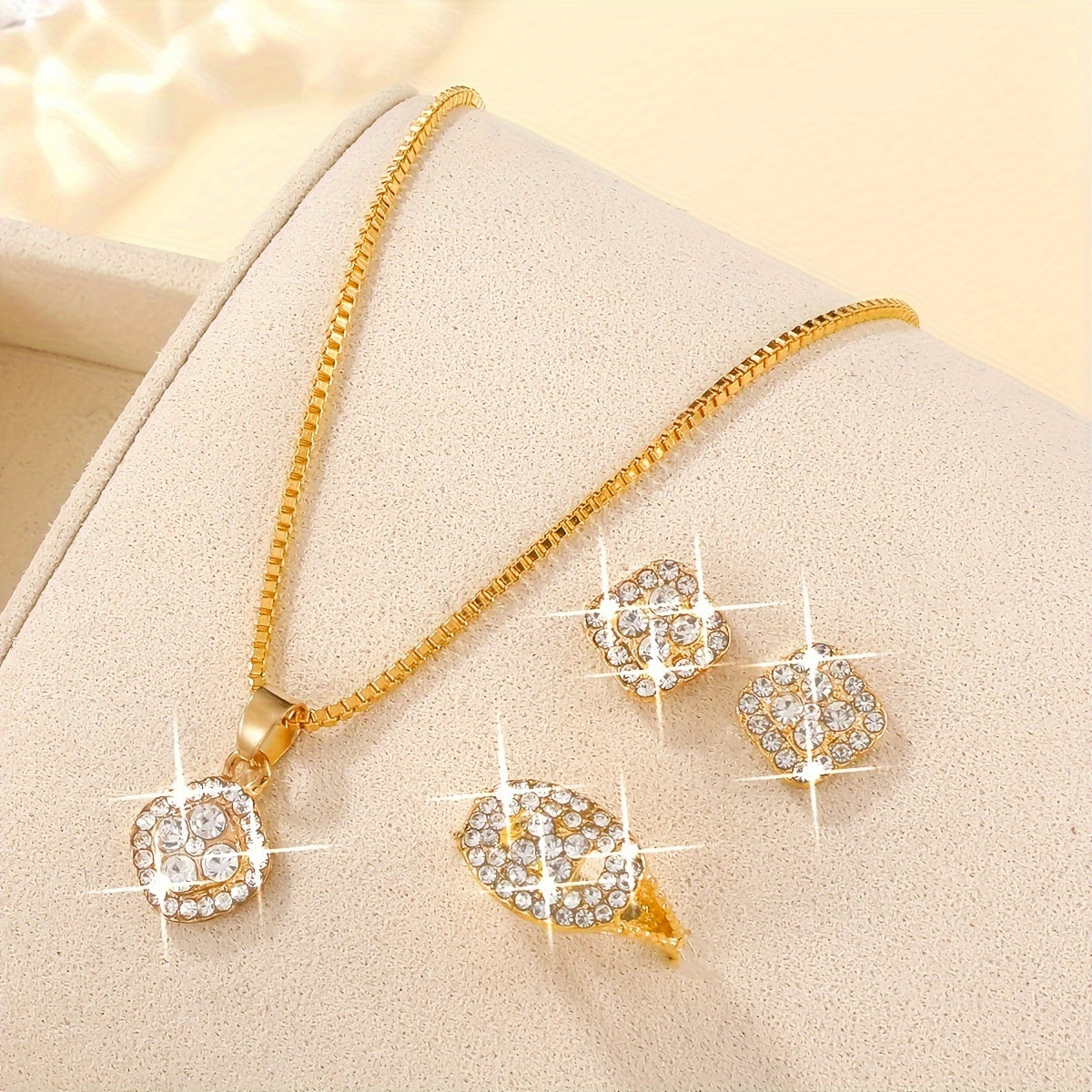 4PCS Minimalist Women’s Jewelry Set – Square Glass Inlay, Everyday Chic