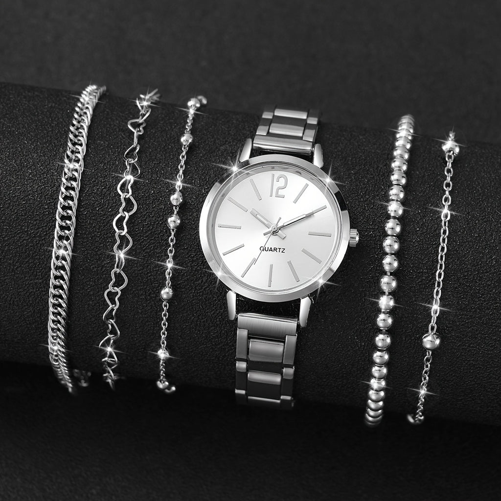 5pcs Women’s Stainless Steel Silver Quartz Watch & Beads Bracelet Set