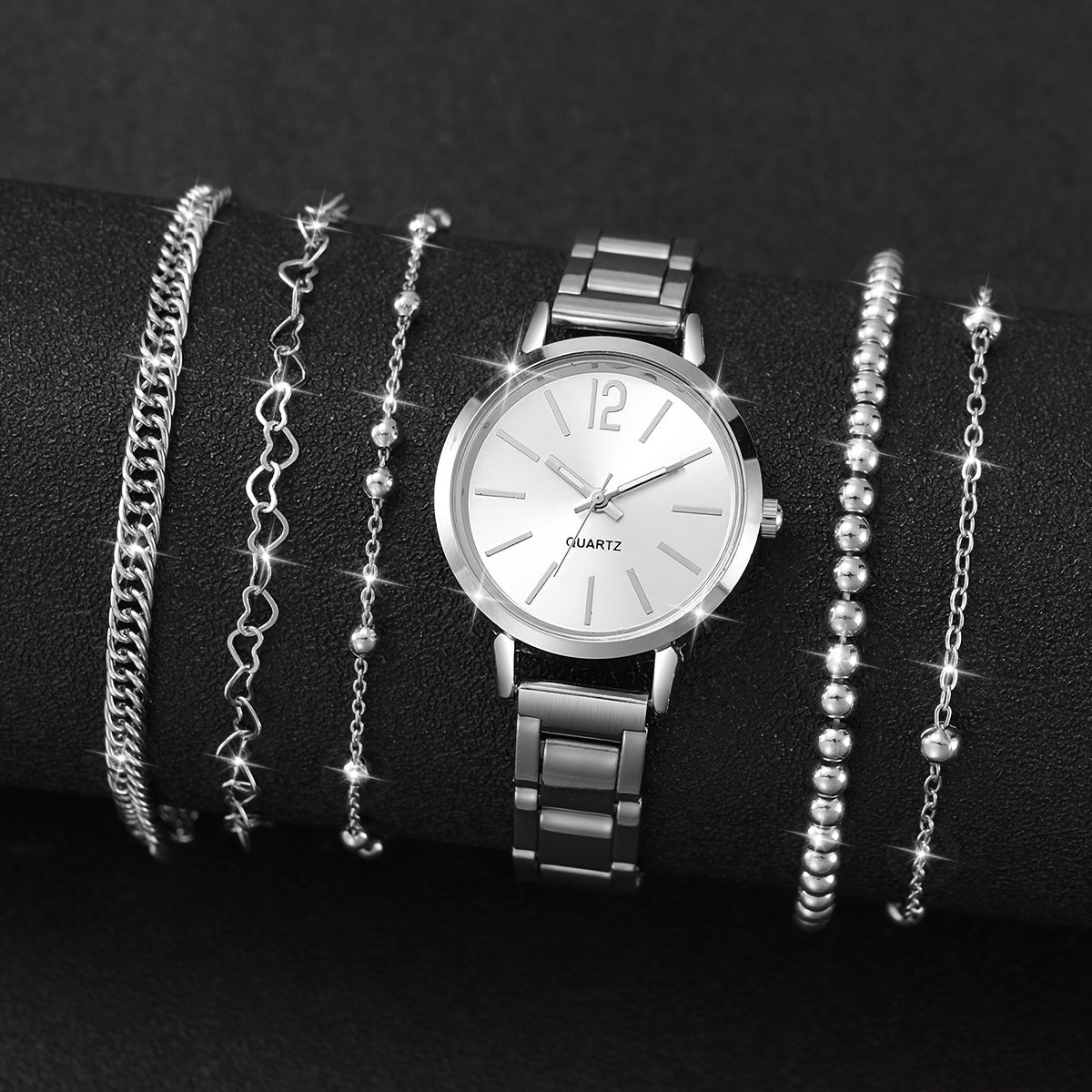 5pcs Women’s Stainless Steel Silver Quartz Watch & Beads Bracelet Set