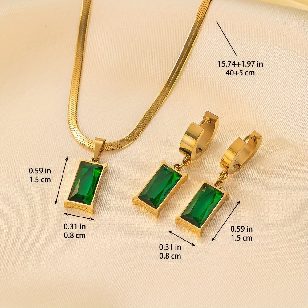 Green Synthetic Zirconia Necklace & Earring Set – Stainless Steel Jewelry for Women