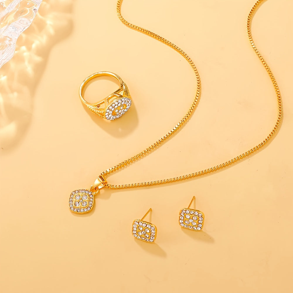 4PCS Minimalist Women’s Jewelry Set – Square Glass Inlay, Everyday Chic