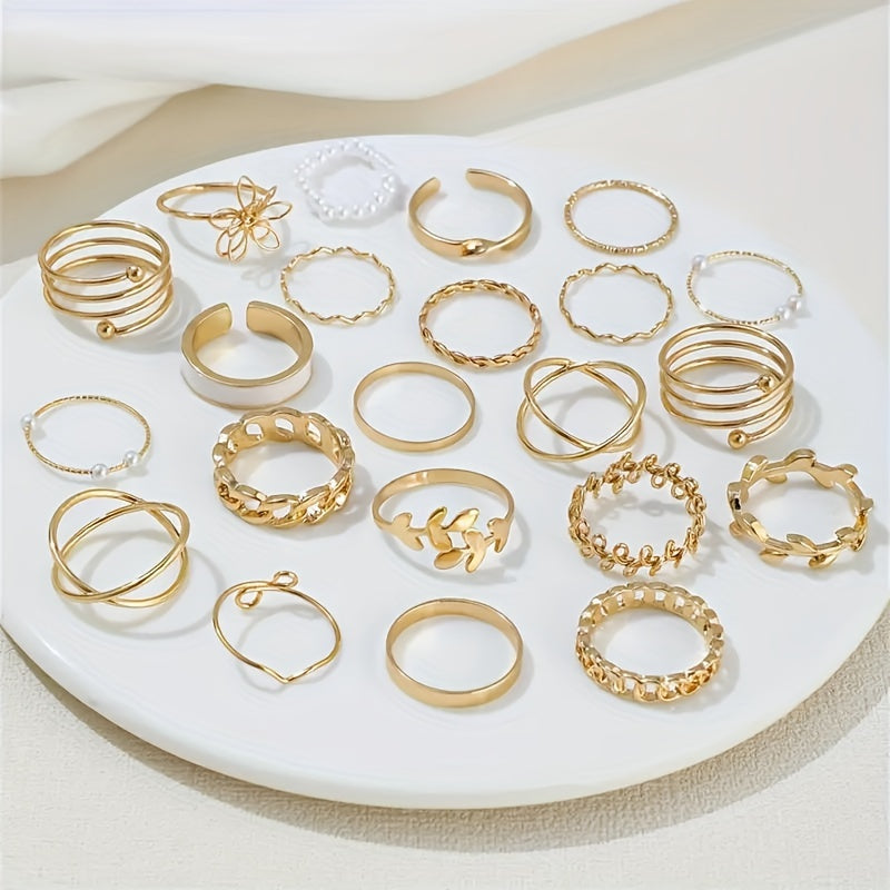 22-Piece Women’s Stacking Rings Set – Elegant Leaf & Flower Design, Gold & Silver