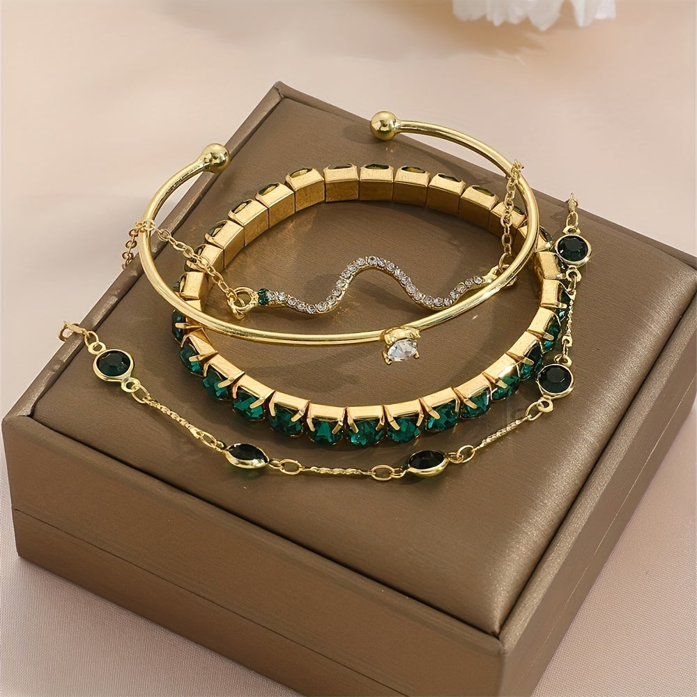 4pcs Women’s Shiny Rhinestone Bangle Bracelet Set – Stackable Hand Jewelry