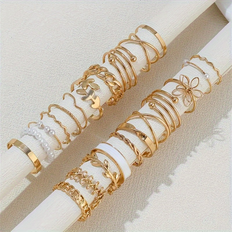 22-Piece Women’s Stacking Rings Set – Elegant Leaf & Flower Design, Gold & Silver