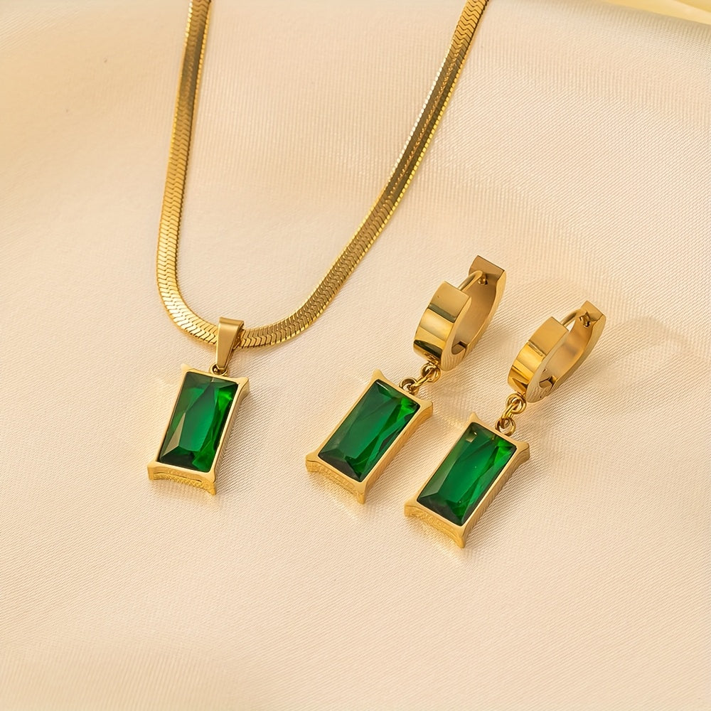 Green Synthetic Zirconia Necklace & Earring Set – Stainless Steel Jewelry for Women