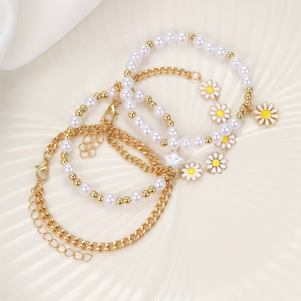 4PCS Daisy Flower & Pearl Bracelet Set – Delicate Hand Jewelry for Women