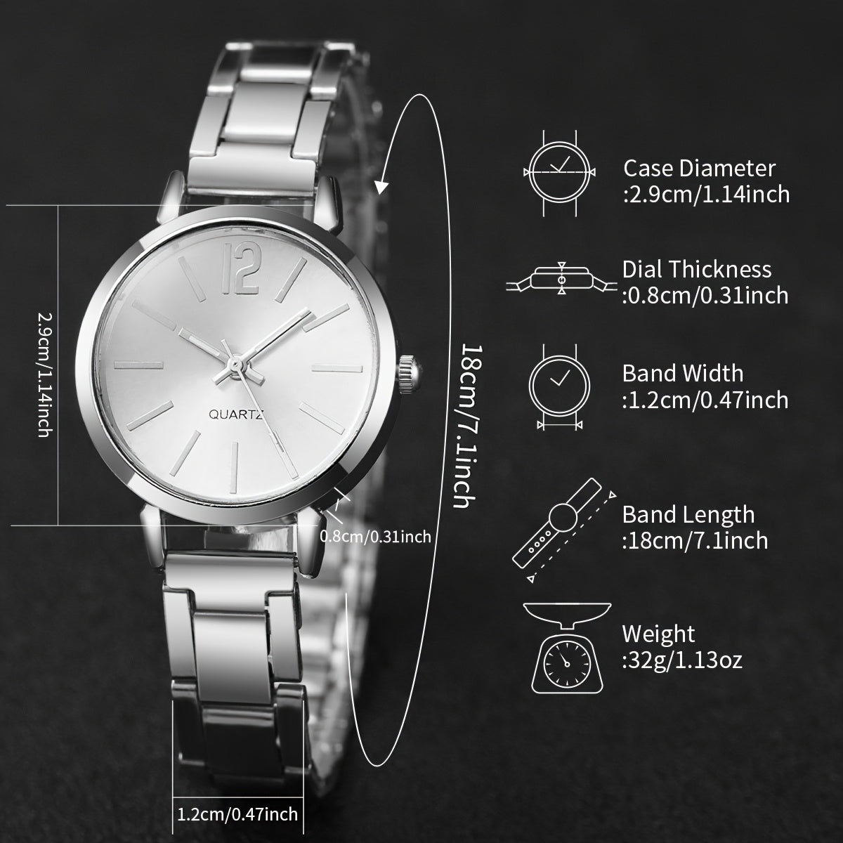 5pcs Women’s Stainless Steel Silver Quartz Watch & Beads Bracelet Set