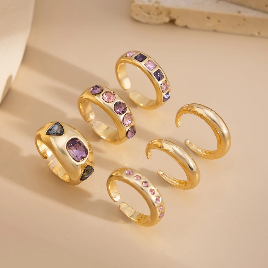 6-Piece Purple Zircon Adjustable Ring Set for Women – Gold Color Jewelry