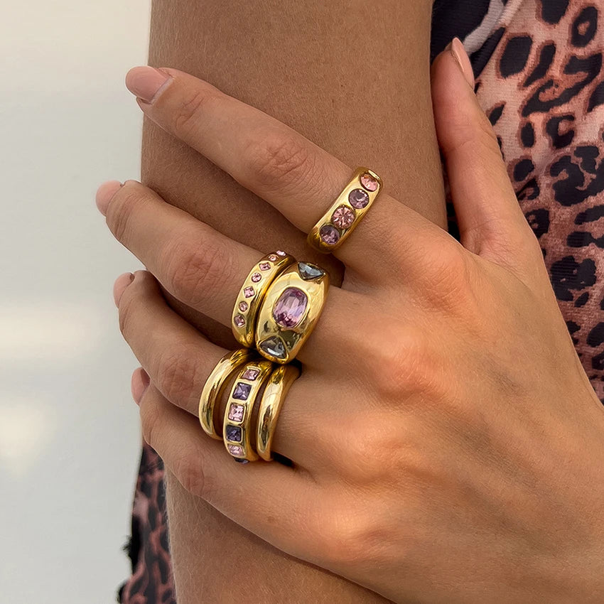 6-Piece Purple Zircon Adjustable Ring Set for Women – Gold Color Jewelry