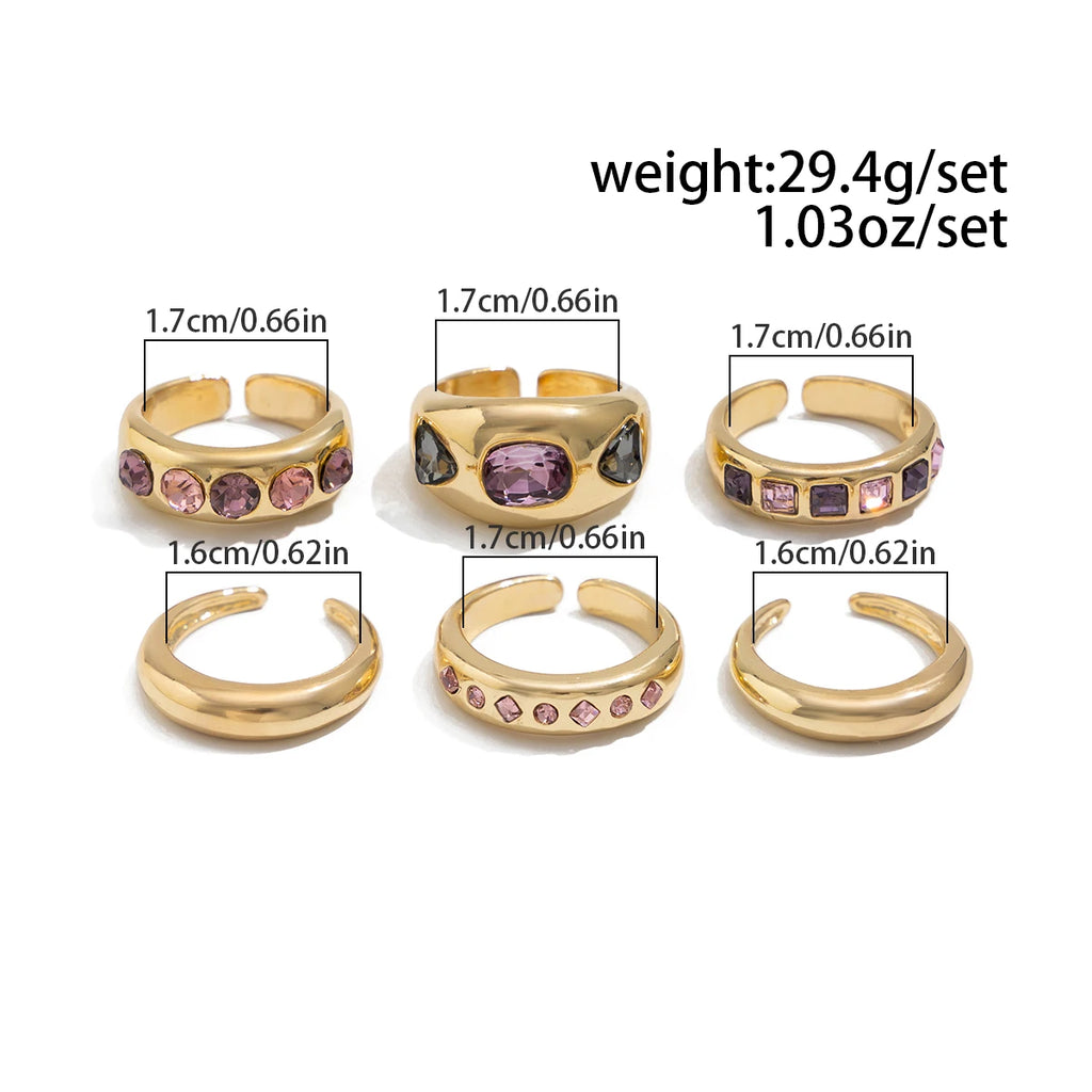 6-Piece Purple Zircon Adjustable Ring Set for Women – Gold Color Jewelry