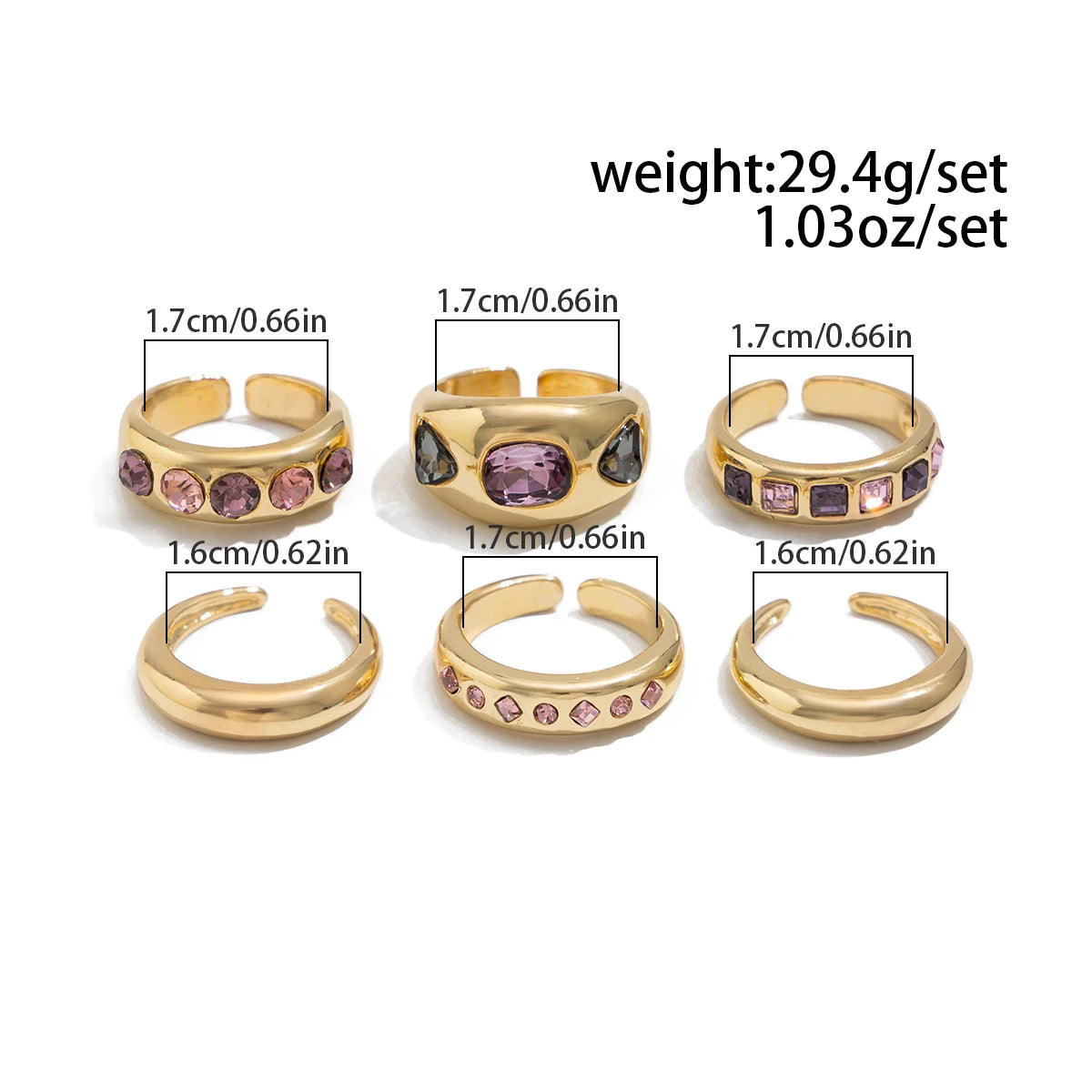 6-Piece Purple Zircon Adjustable Ring Set for Women – Gold Color Jewelry