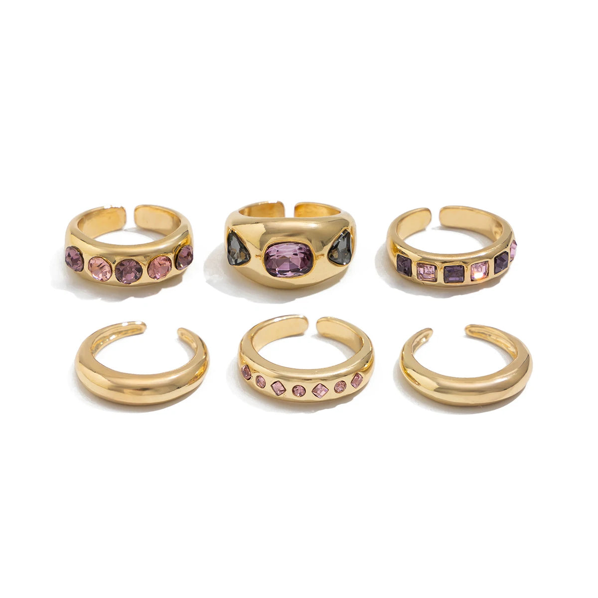 6-Piece Purple Zircon Adjustable Ring Set for Women – Gold Color Jewelry