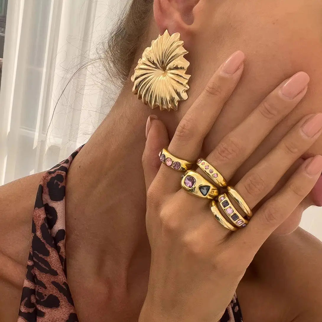 6-Piece Purple Zircon Adjustable Ring Set for Women – Gold Color Jewelry