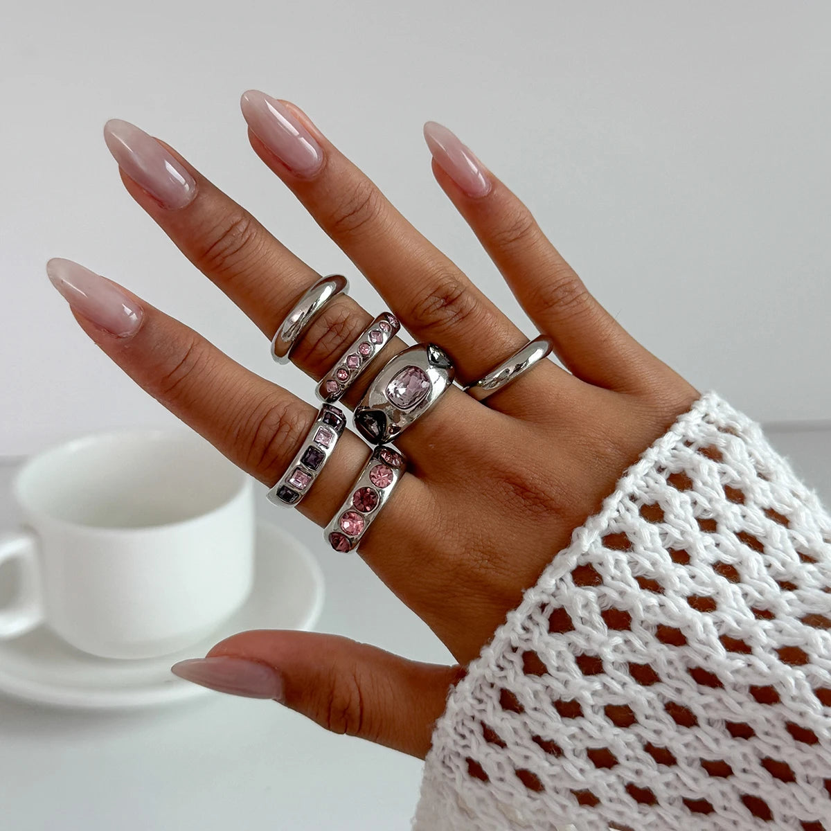 6-Piece Purple Zircon Adjustable Ring Set for Women – Gold Color Jewelry