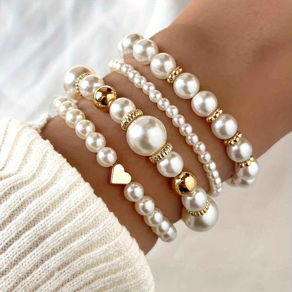 Elegant 4-Piece Faux Pearl Bracelet Set – Handmade Beaded Jewelry