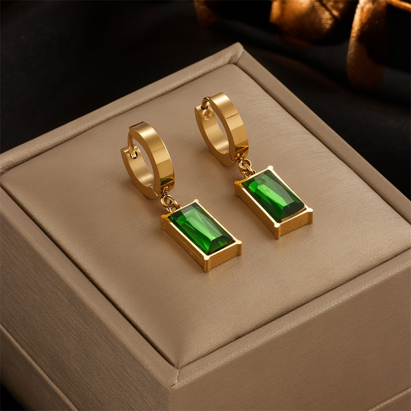 Green Synthetic Zirconia Necklace & Earring Set – Stainless Steel Jewelry for Women