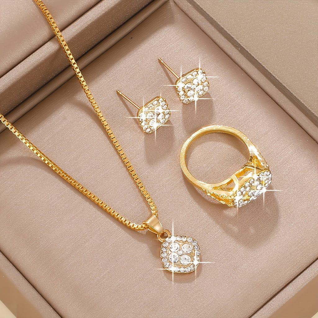 4PCS Minimalist Women’s Jewelry Set – Square Glass Inlay, Everyday Chic