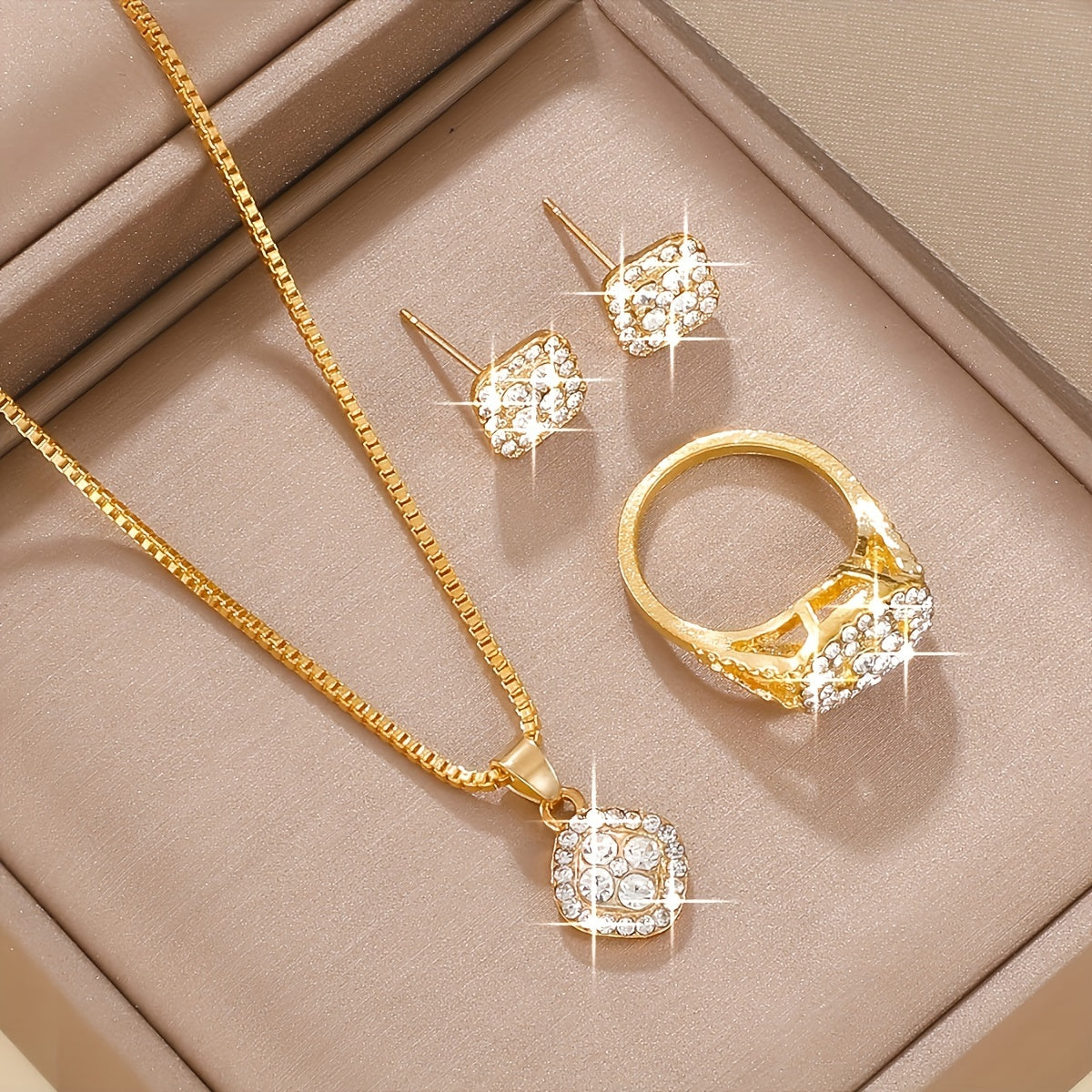 4PCS Minimalist Women’s Jewelry Set – Square Glass Inlay, Everyday Chic