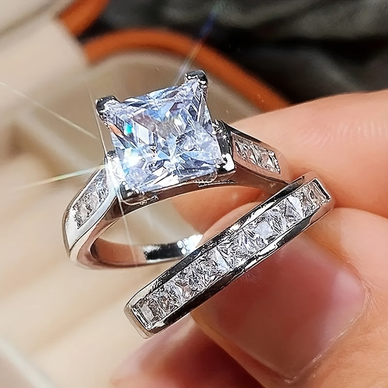 2PCS Couple Jewelry Set – Shiny Square Cubic Zirconia Wedding Rings