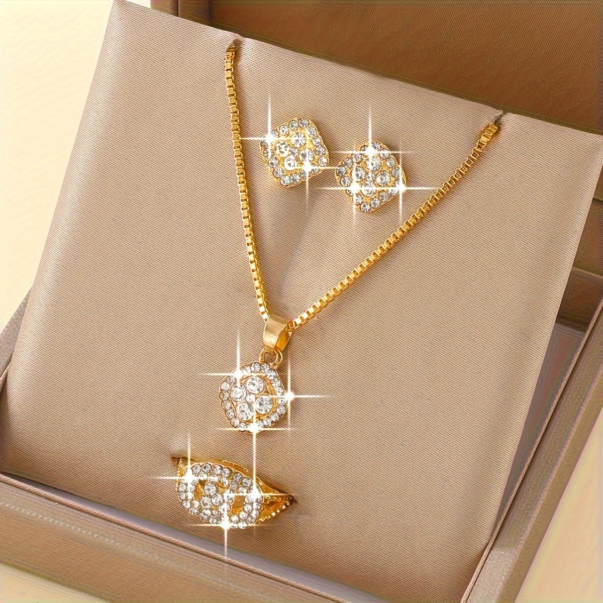 4PCS Minimalist Women’s Jewelry Set – Square Glass Inlay, Everyday Chic