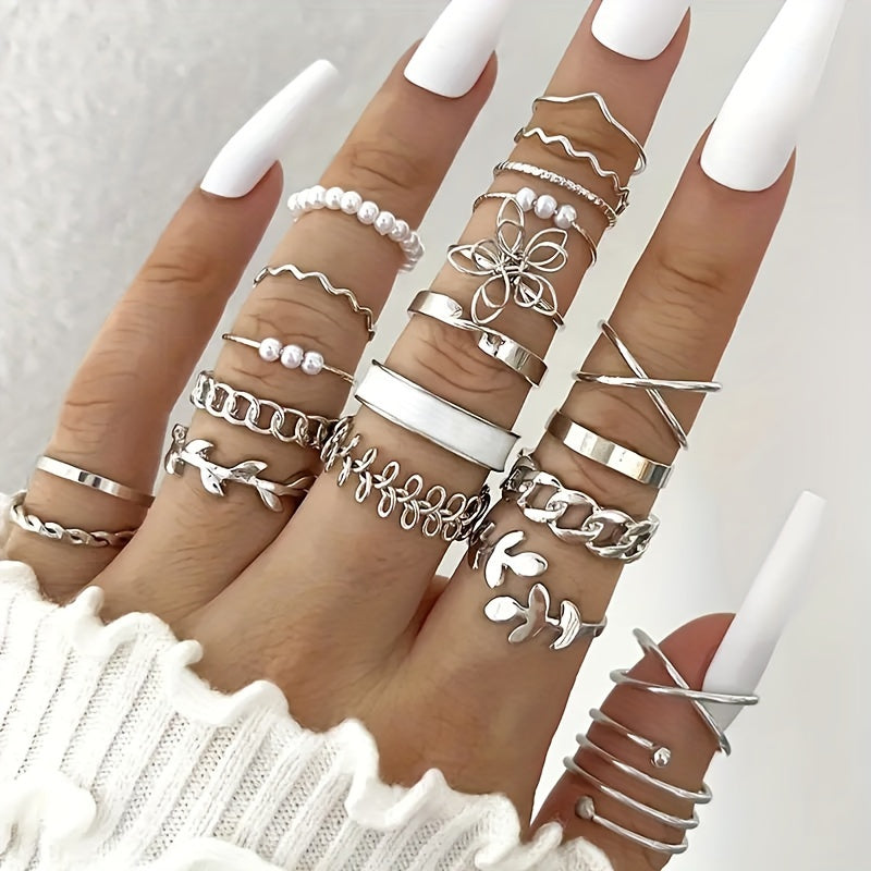 22-Piece Women’s Stacking Rings Set – Elegant Leaf & Flower Design, Gold & Silver