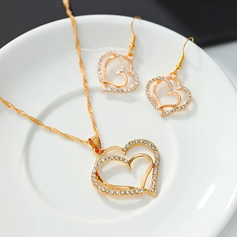 1 Pair Earrings & Necklace Set – French Romantic Heart Jewelry, Silver or Gold