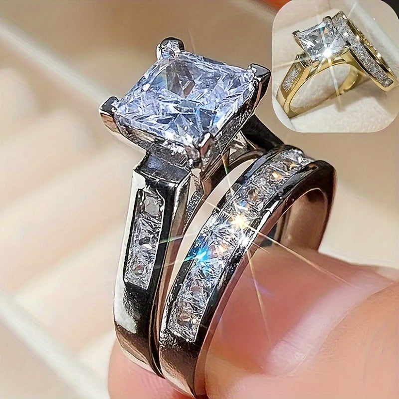 2PCS Couple Jewelry Set – Shiny Square Cubic Zirconia Wedding Rings