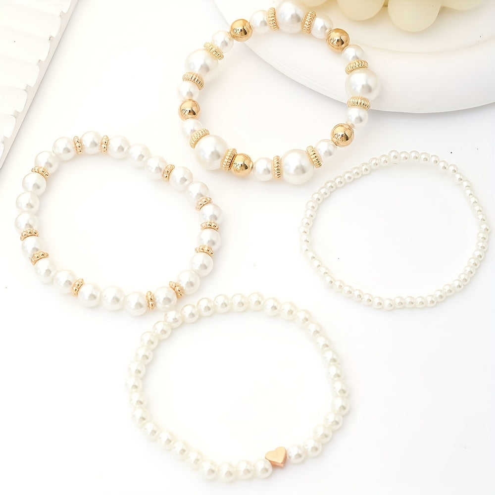 Elegant 4-Piece Faux Pearl Bracelet Set – Handmade Beaded Jewelry